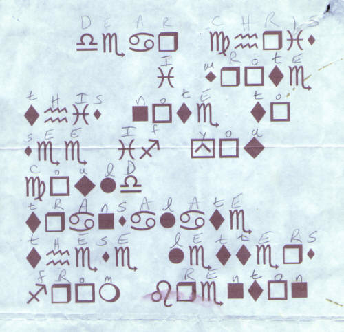 This is a ciphered letter sent to me in Cottonwood Arizona. I deciphered it and wish I new who sent it to me