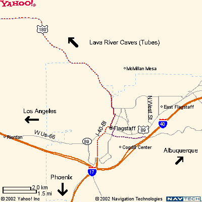 A general and large view of the Flagstaff Arizona area with directions to the Lava Tubes from both Interstate 17 and the 40